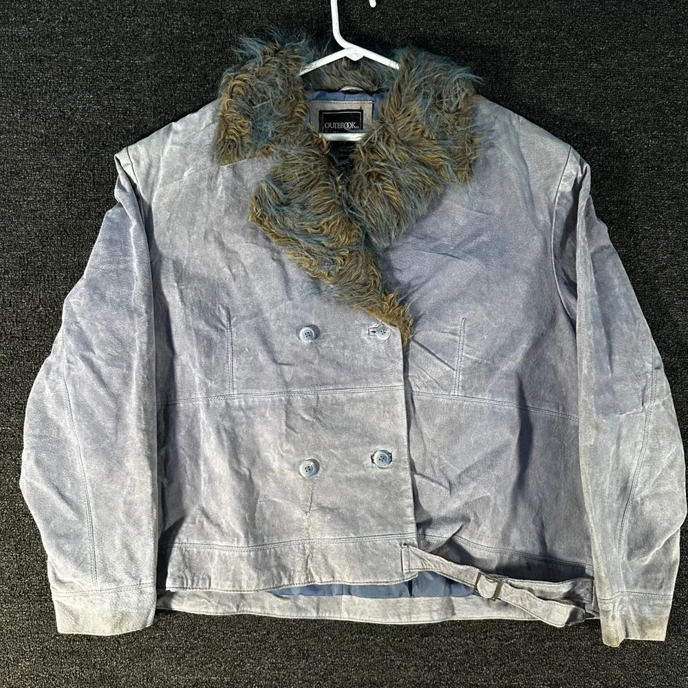 Outbrook Suede Jacket Woman 3X Blue Good Faux Fur Collar Double Breasted Belted